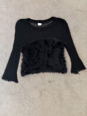 O & O Black Faux-Fur Panel Fishnet Top Women's Sweater
